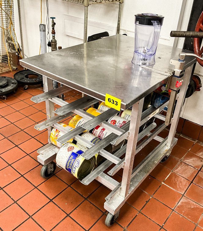 Stainless Storage Table On Castors & Can Opener 
