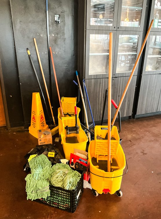3 Rubber Maid Mop Buckets, Mops, Caution Signs Etc. 