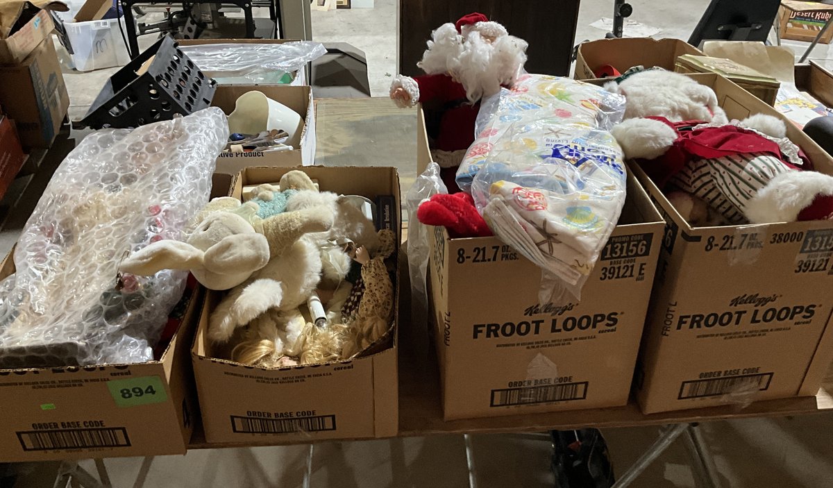 4 Boxes Dolls, Stuffed Rabbits & Xmas Dolls