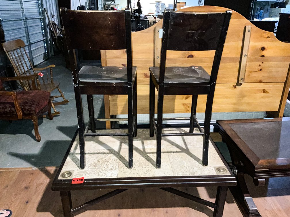 Stone & Wood Coffee Table, 2 Bar Chairs