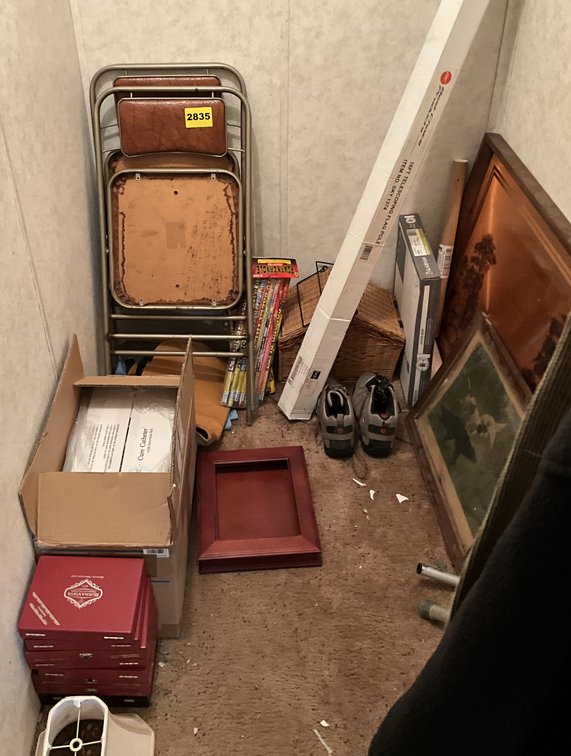 Closet & Contents Art Work, Mens Boots, Folding Chairs, Etc.