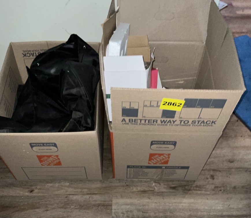 2 Boxes Misc. Bags, Pillows, Jugs