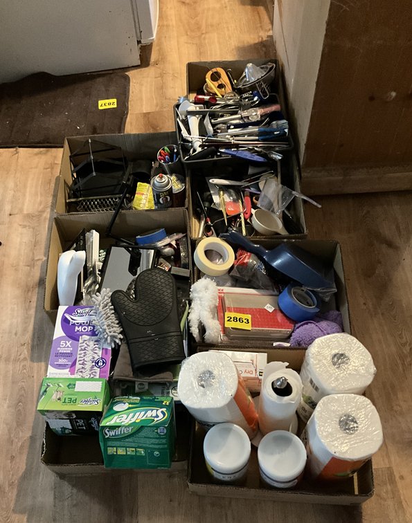 8 Boxes Misc. Silverware, Towels, Screws, Nails, Flex Tape