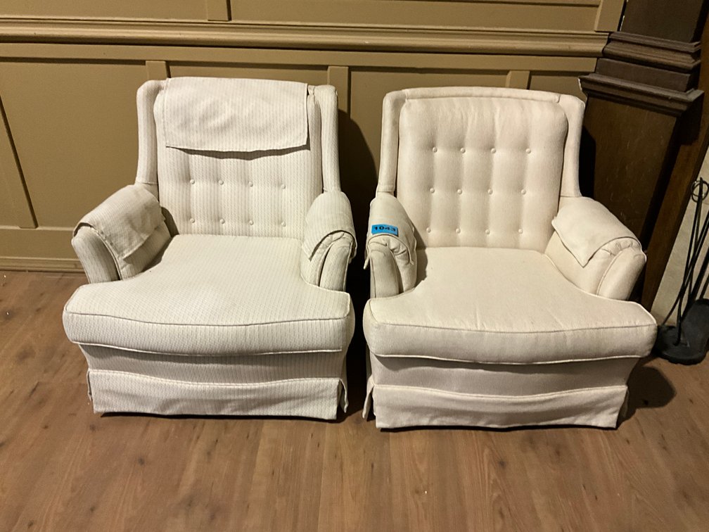 Pair Of White Upholstered Swivel Glider Chairs