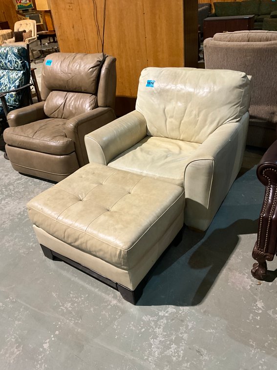Cream Colored Leather Armchair With Ottoman 
