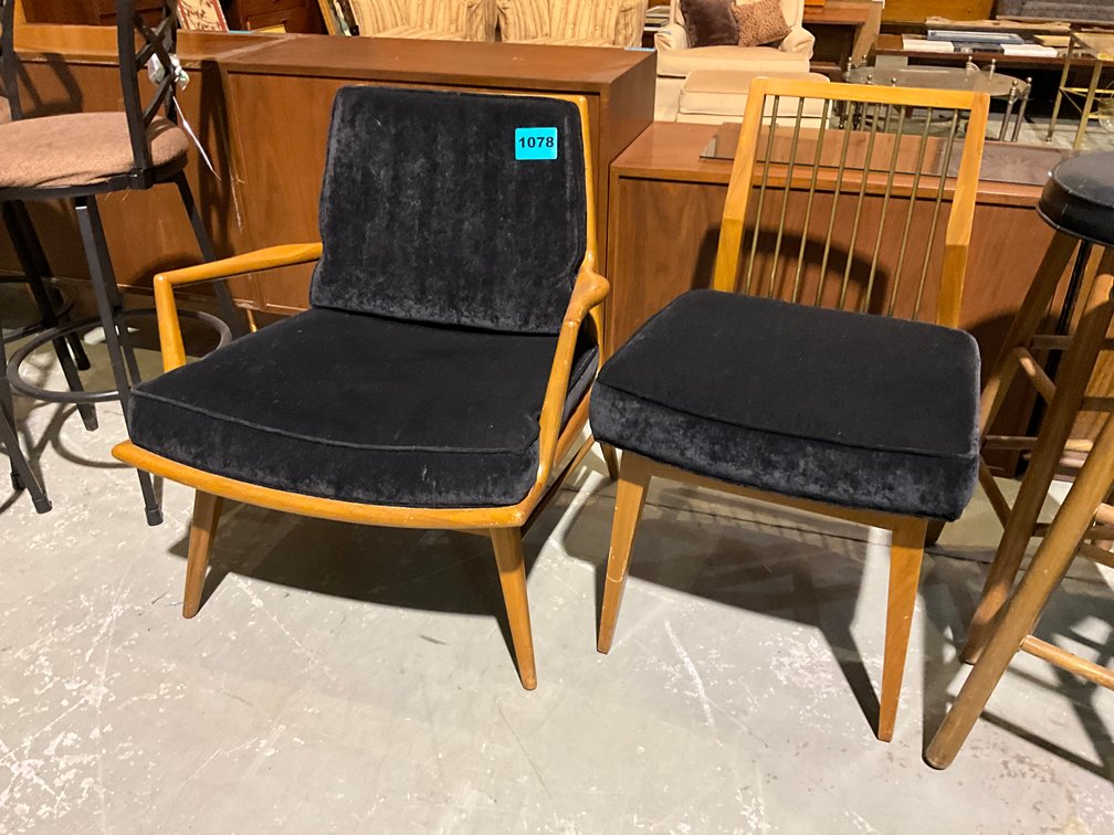 Mid-Century Modern Black Velvet Armchair and Ottoman