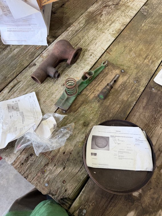 John Deere B Unstyled Carburetor Air Pipe, A-B Starter Lever & Dummy Hydraulic Plug, Original B Clutch Pulley Cover, & A-B Brass Gas Shut-off Valve - Location: Joel's Tractors and Auction, LLC - Strawberry Point, IA