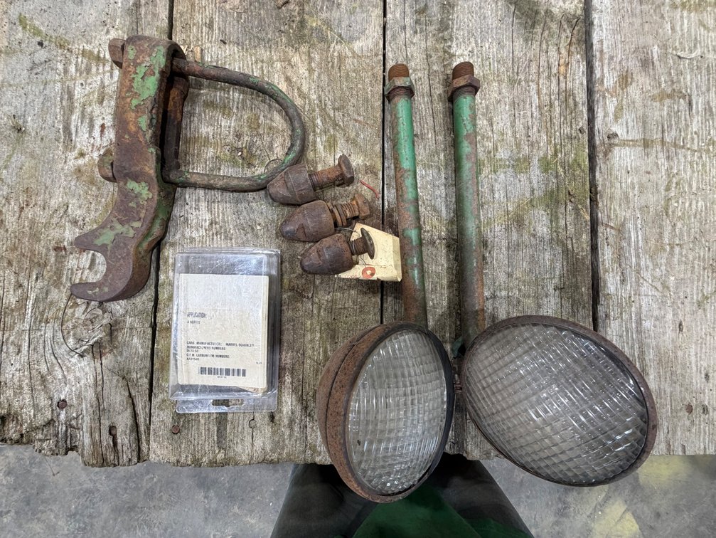 Original John Deere A-B-60-70 Lights & Brackets, Acorn Nuts, New Old Stock A Carburetor Repair Kit & A-B-60-50 Cylinder Holder Bracket - Location: Joel's Tractors and Auction, LLC - Strawberry Point, IA