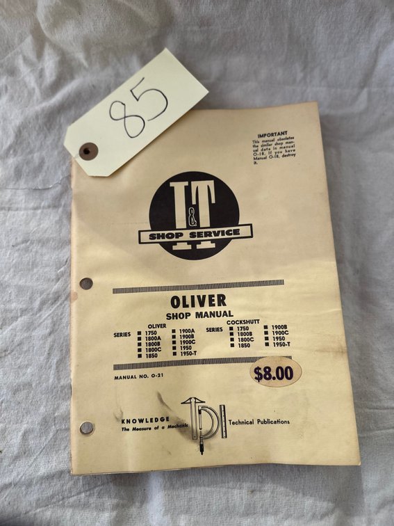 Oliver & Cockshutt I&T Shop Service Manual – 1750–1950 Series - Item Location: Machine Shed – 7826 E Ave, Arlington, Iowa 50606