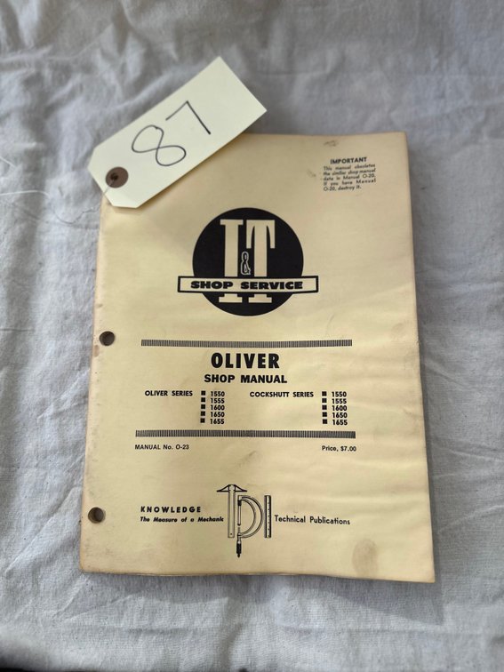 Oliver & Cockshutt I&T Shop Service Manual – 1550, 1555, 1600, 1650 & 1655 - Item Location: Machine Shed – 7826 E Ave, Arlington, Iowa 50606