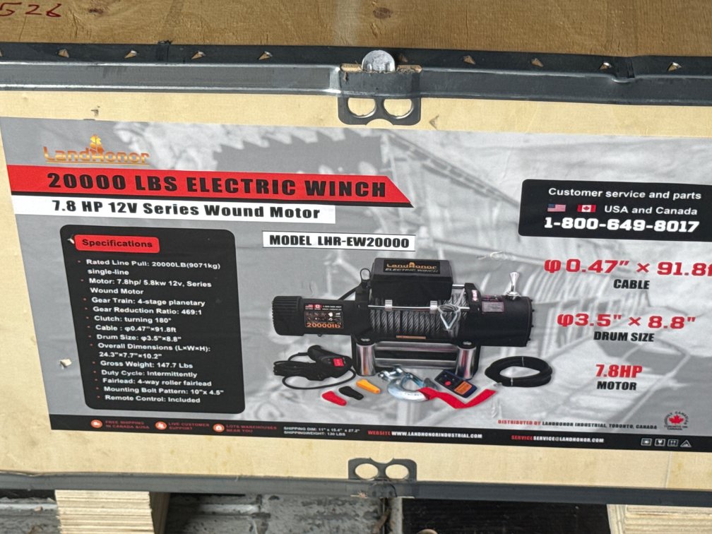 New 20,000 pound electric winch 7.8 hp 12 V