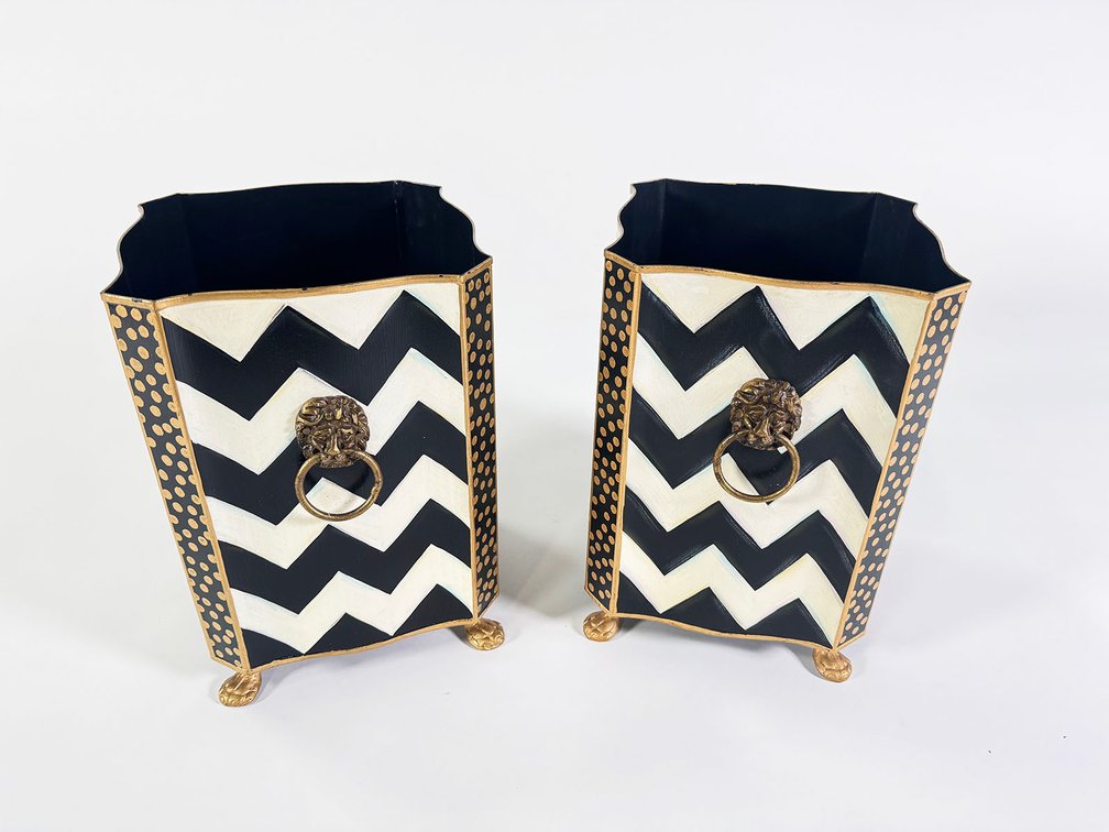 Lot of two MacKenzie-Childs Zig Zag waste bin. 