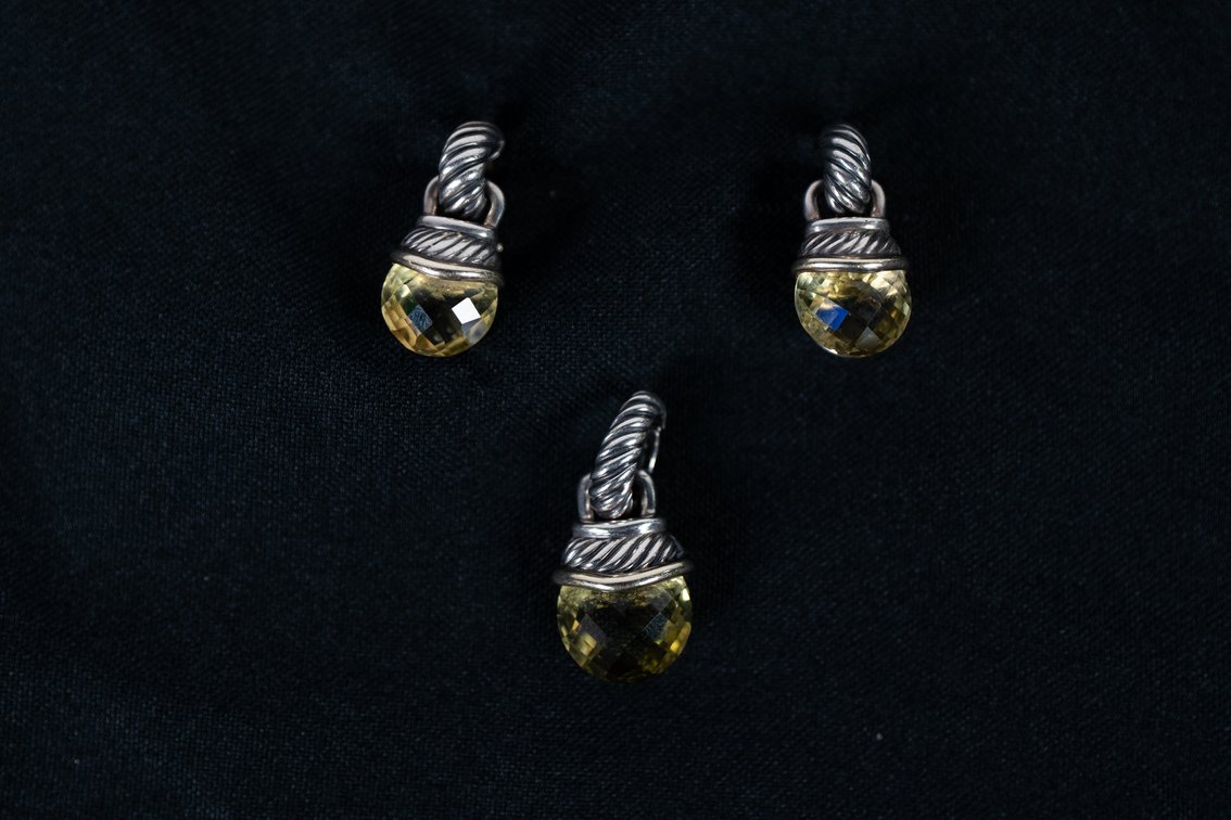 David Yurman faceted Peridot Two-tone Silver 14K Gold Pendant and French Clip Earrings.