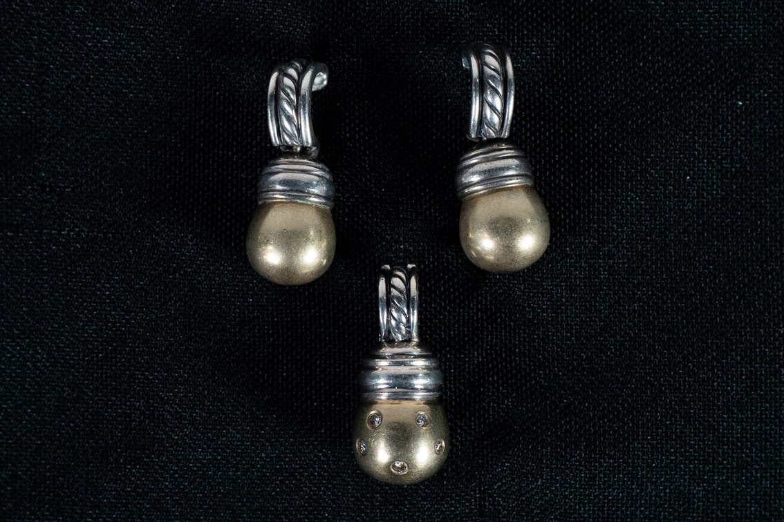 DAVID YURMAN 14K GOLD, SILVER METRO Pendant and DIAMOND DROP EARRINGS in 18k yellow gold and sterling silver.