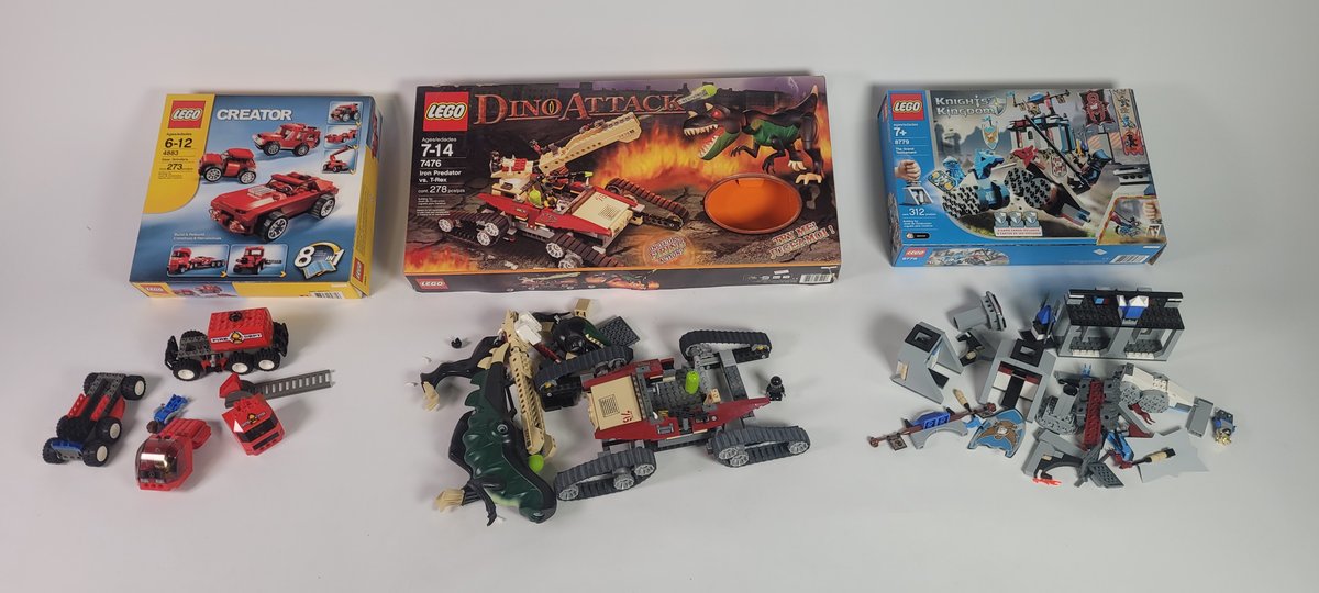 LEGO Creator Gear Grinders, LEGO Dino Attack Iron Predator vs. T-Rex 7476, and LEGO Knights Kingdom The Grand Tournament