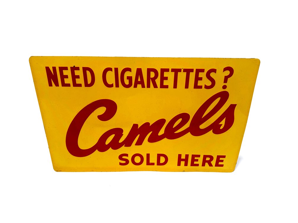 NOS 1950s Camel Cigarettes single-sided embossed tim sign. 