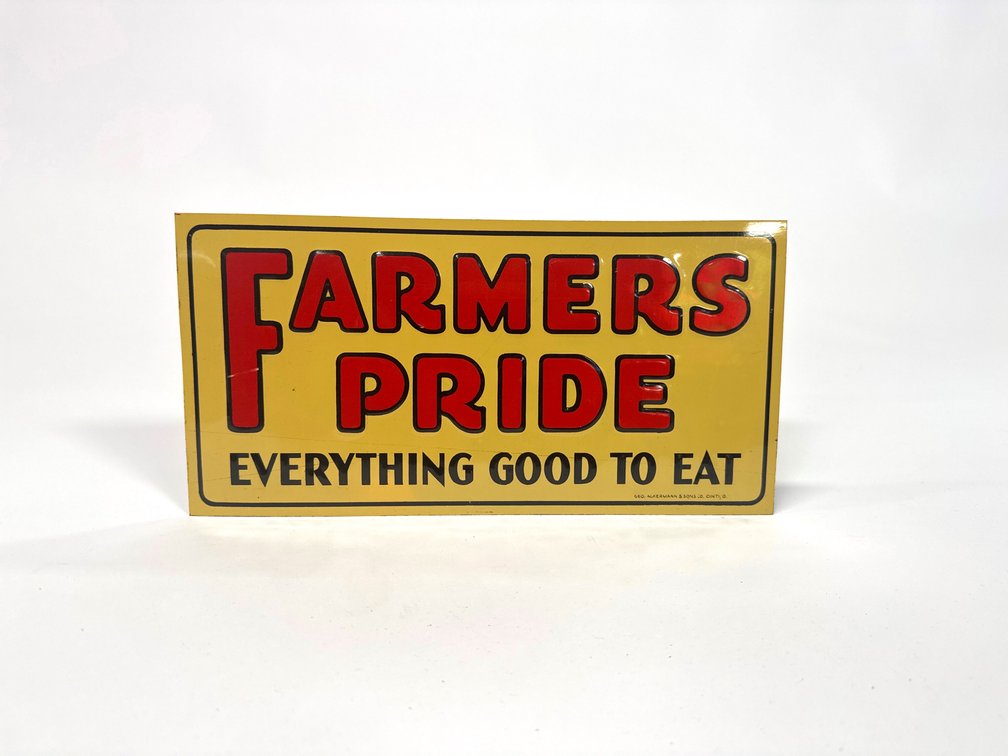 NOS 1930s Farmers Pride Products single-sided tin sign. 
