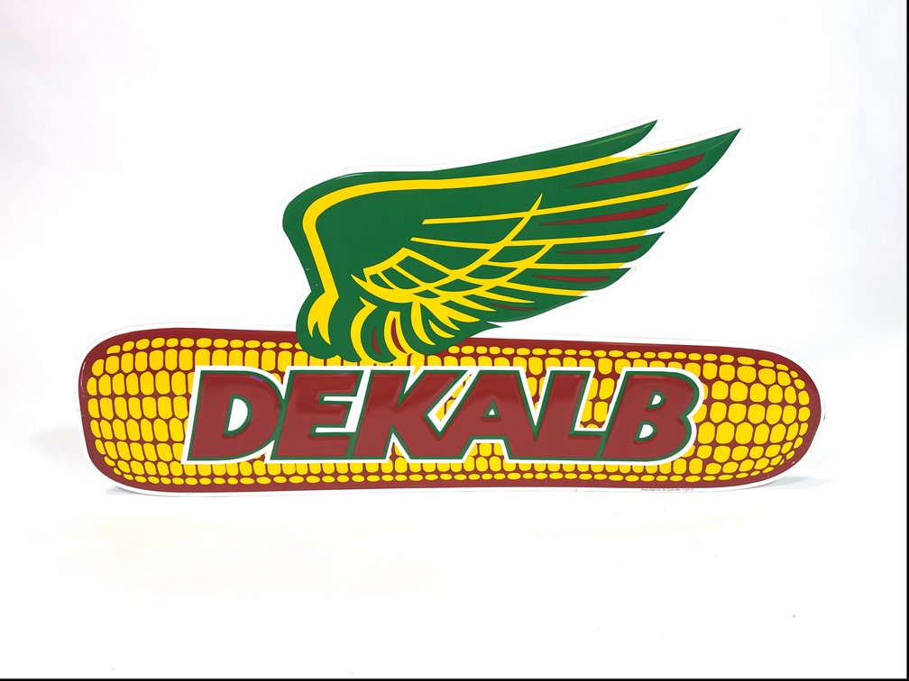 Large newer Dekalb Corn Seed single-sided die cut tin sign.