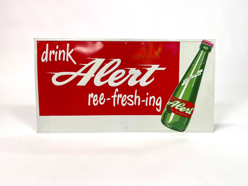 Unusual NOS 1950s Alert Soda single-sided tin sign.