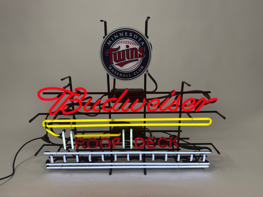 Minnesota, Minnesota Twins Budweiser Beer roof deck Neon Tavern sign.