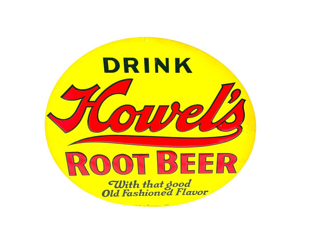 NOS 1930s-40s Howel’s Root Beer  single-sided and buys 10 soda sign.