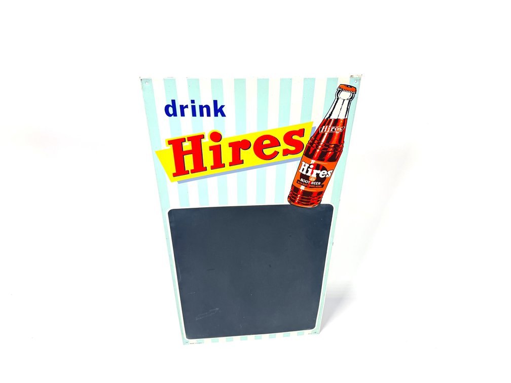 NOS 1950s Hires Root Beer single sided tin menu board sign.