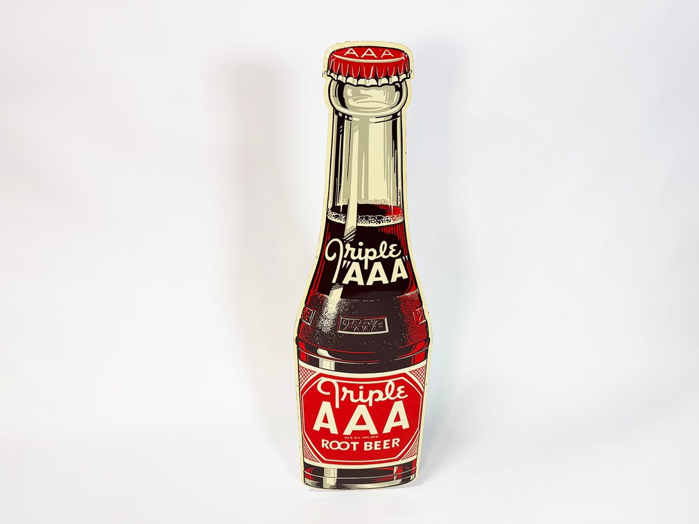 NOS 1948 Triple A Root Beer single-sided die-cut bottle-shaped tin sign.
