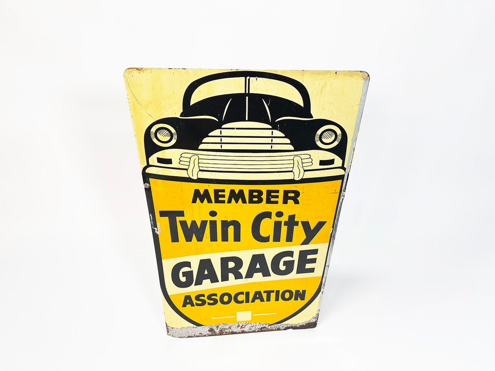 Scarce 1950s Twin City Garage Association single-sided tin sign. 