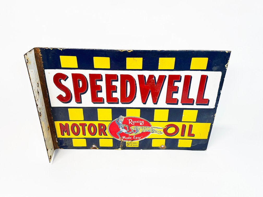 Reproduction - Speedwell Motor Oil single-sided porcelain flange sign. 
