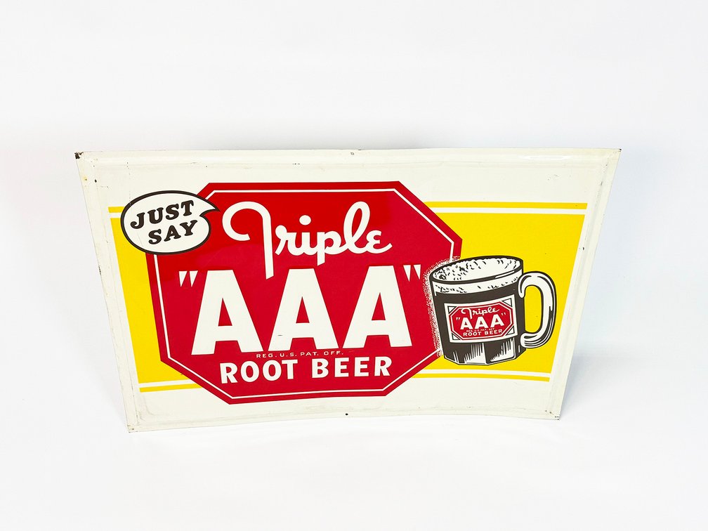 1948 Triple A Root Beer single-sided embossed tin sign with Mug graphic. 