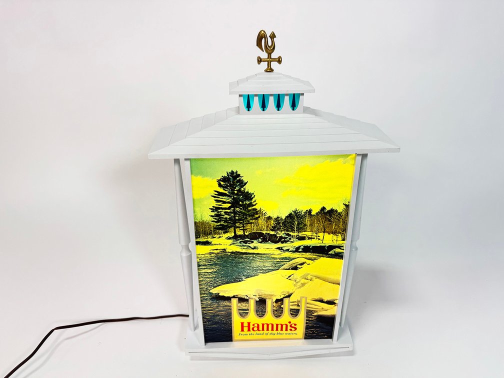 1960s Hamm's Beer white chalet light-up tavern sign. Small version. Presents complete with rooster.