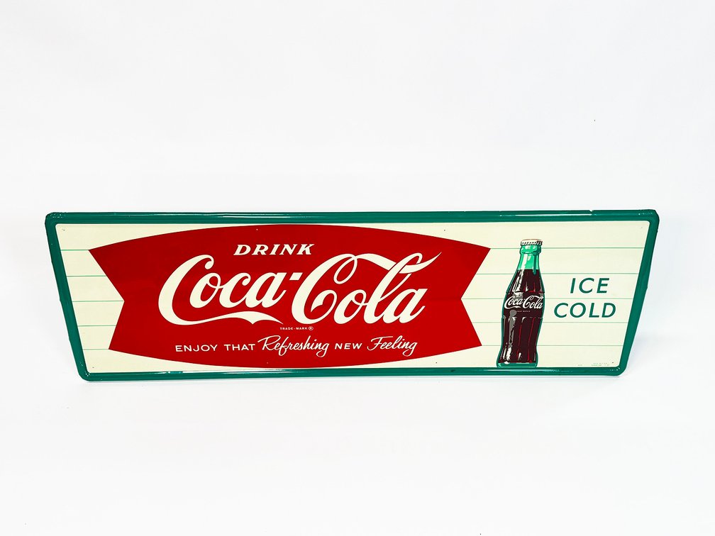 NOS late 1950s Drink Coca-Cola green fishtail single-sided tin sign. 