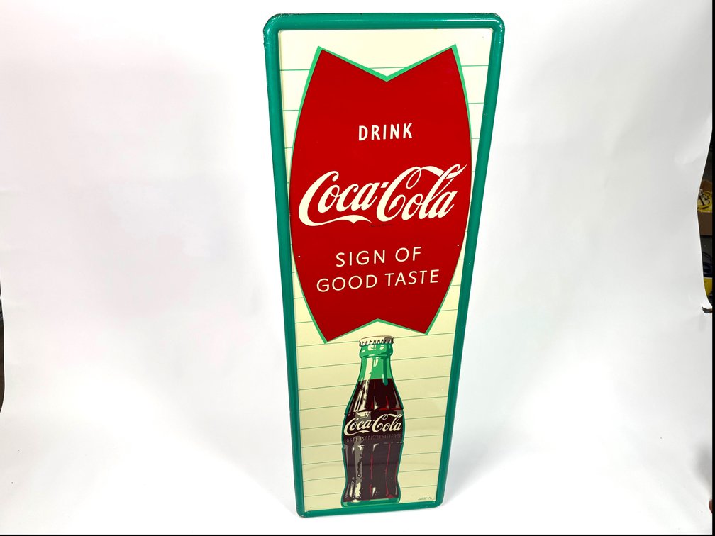 NOS late 1950s Drink Coca-Cola sign of good taste vertical tin sign.