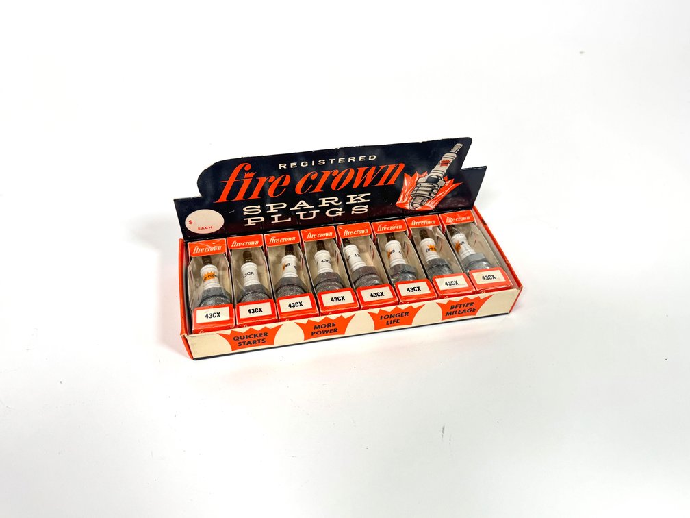 NOS early 1960s Fire Crown Spark Plugs countertop display box.