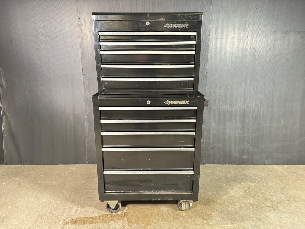 Black Shop Tool Cabinet/Box on wheels by Husky. 