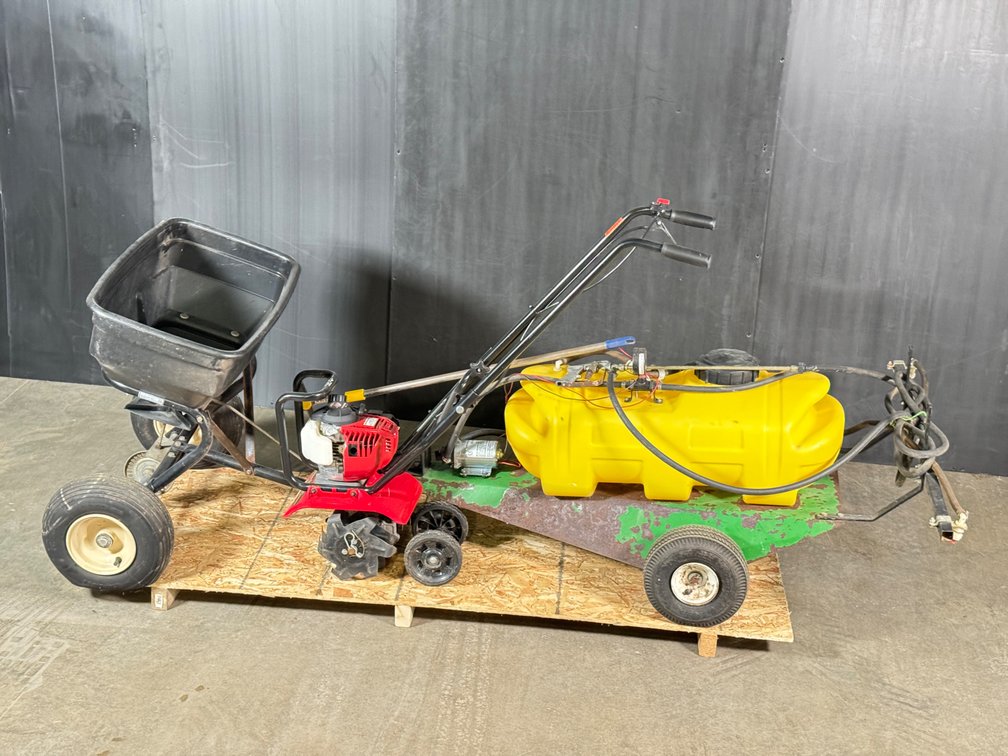 Lot consisting of Honda gas tiller and PK MFG seed spreader/sprayer