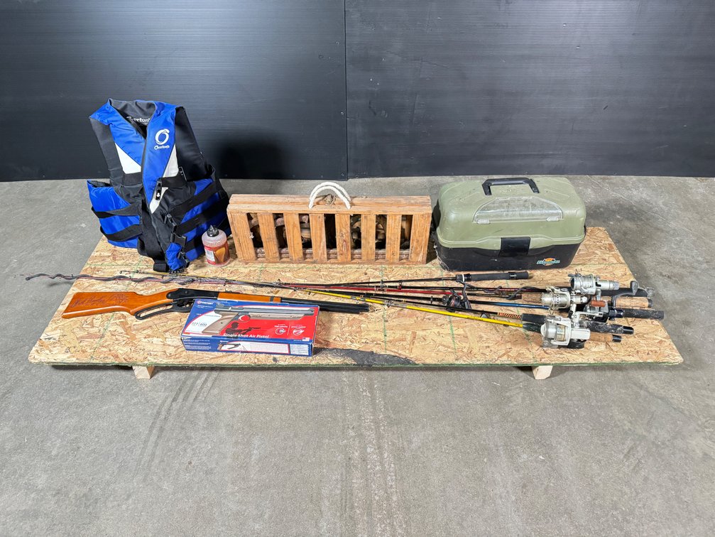 Lot of fishing gear, two air guns and horseshow game