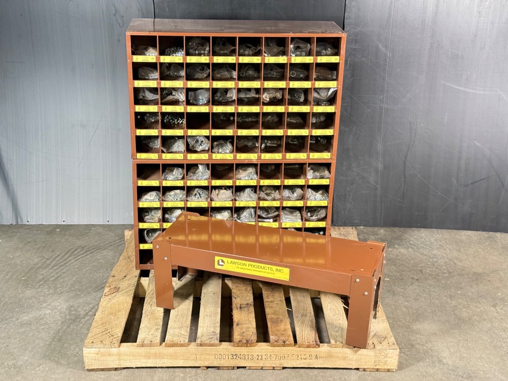 Lawson Products nut and bolt display/storage bin on stand. 