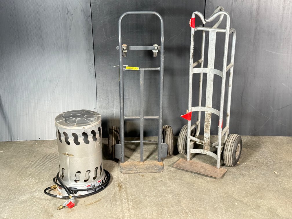 Lot of three dollys and propane constrution heater 