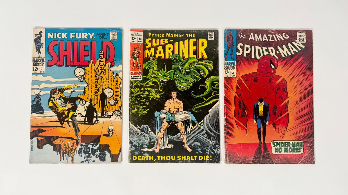 Lot of three 1967,1968 and 1969 Nick Fury Agent of S.H.I.E.L.D., Prince Namor The Sub-Mariner, and The Amazing Spider-Man comics by Marvel.