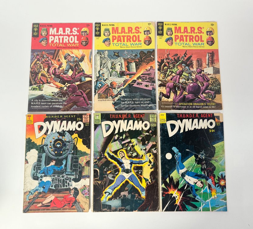 Lot of six M.A.R.S. Patrol Total War and T.H.U.N.D.E.R. Agent Dynamo comics by Gold Key and Tower Action Series.