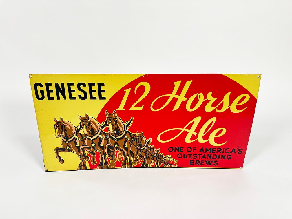 Scarce NOS 1930s Genesee 12 Horse Ale single-sided embossed tin sign.