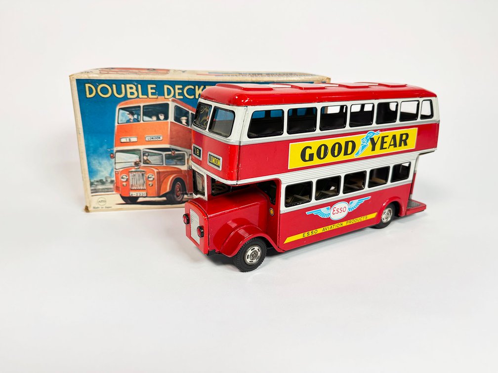 Late 1950s-early 60s English Double-Decker friction motor tin litho bus. 