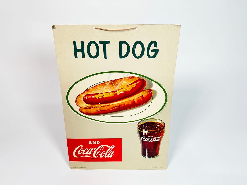 1953 Hot Dog and Coca-Cola cardbaord diner sign. 