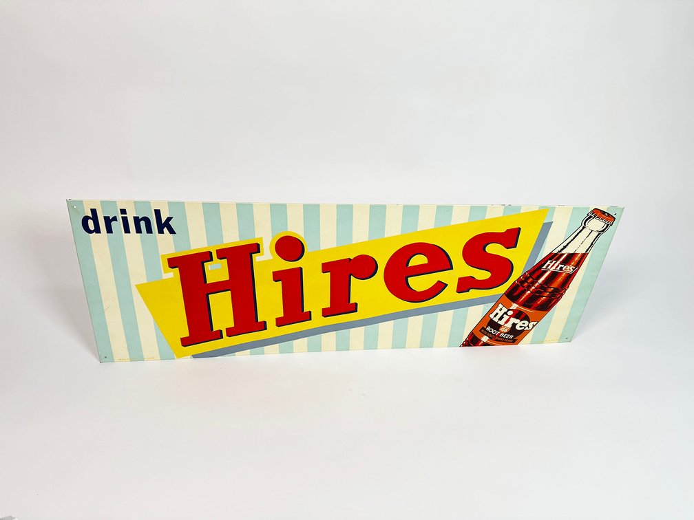 NOS 1950s Drink Hires Root Beer single-sided tin diner sign. 