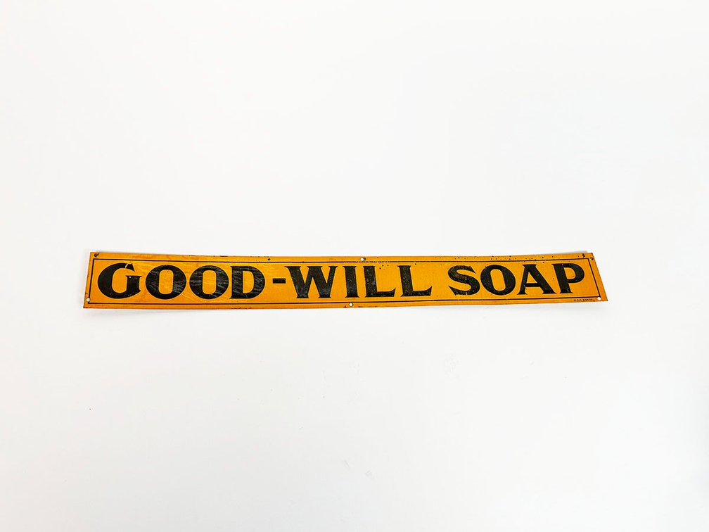 NOS 1920s Good-Will Soap single-sided embossed tin general store sign. 