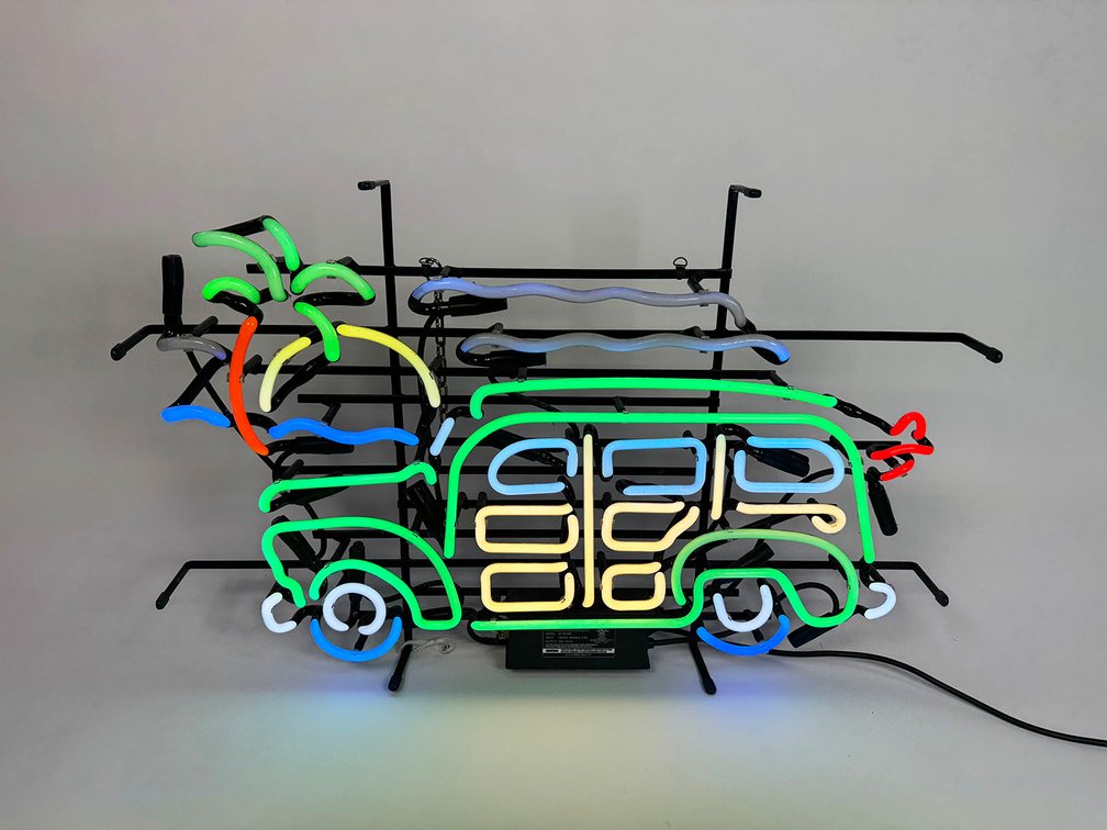 Woody wagon surfer automobile motif neon sign.