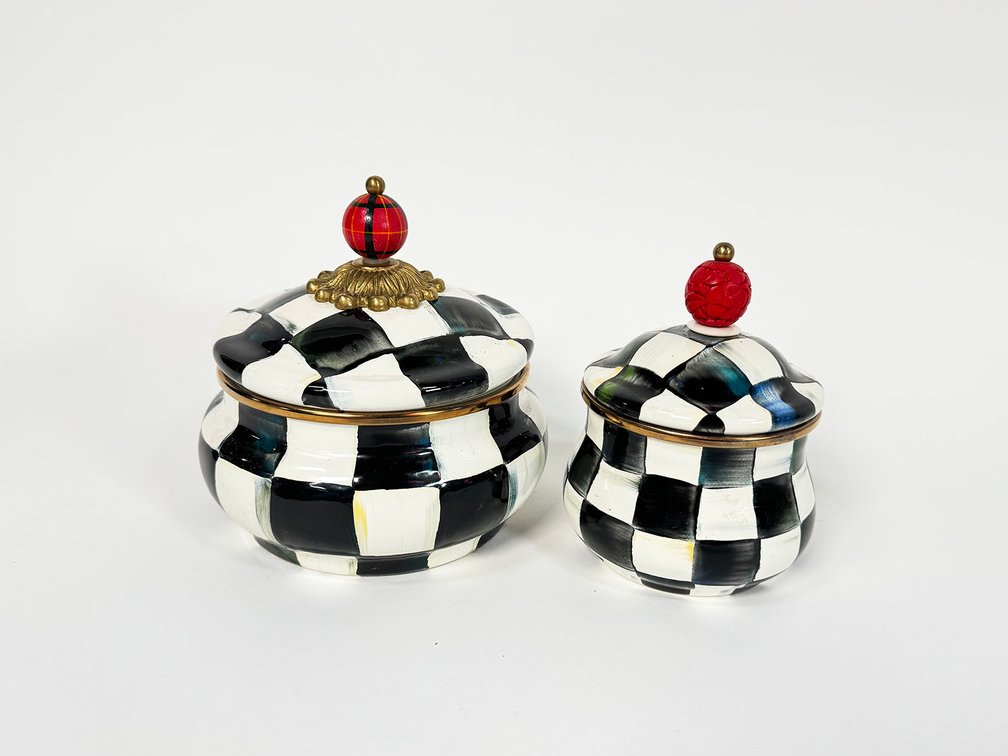 Lot of two MacKenzie-Childs Courtly Check Enamel Squash Pots. 