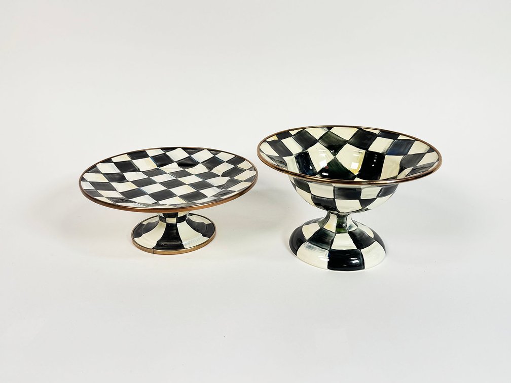 Lot consisting of a MacKenzie-Childs Courtly Check enamel pedestal platter and compote.