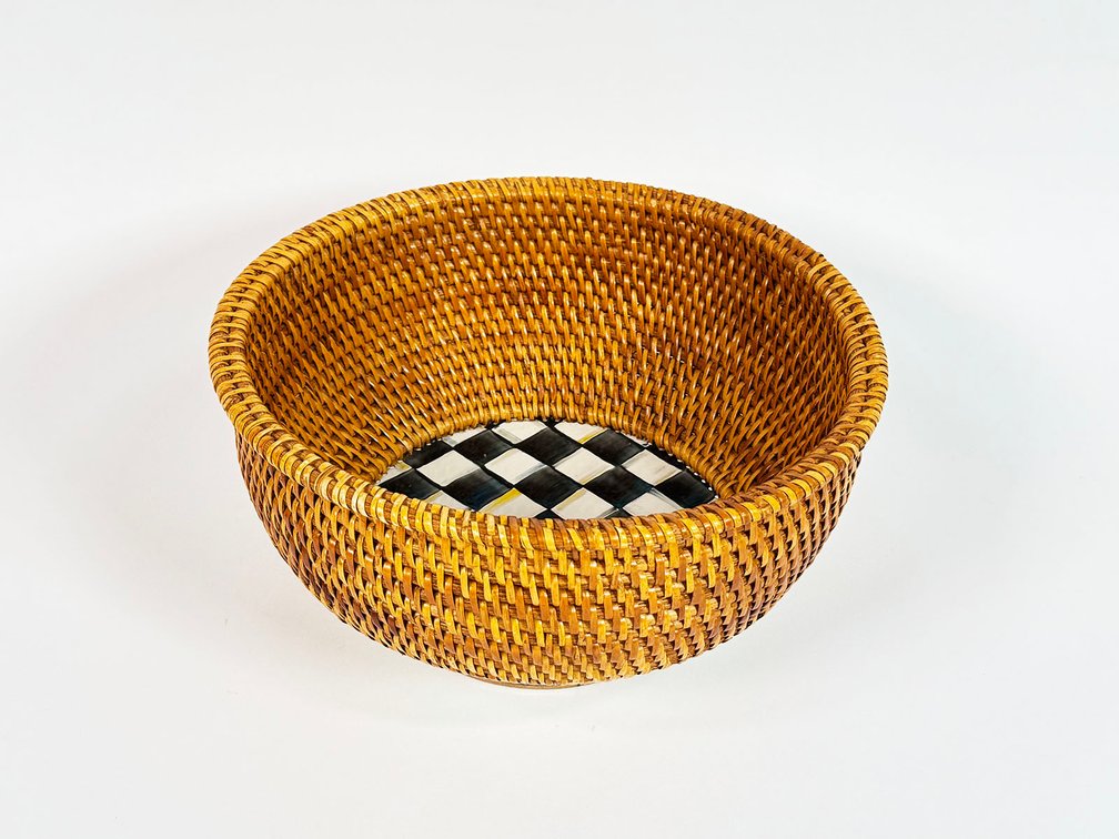 MacKenzie-Childs rattan serving basket with hand-painted Courtly Check pattern base.